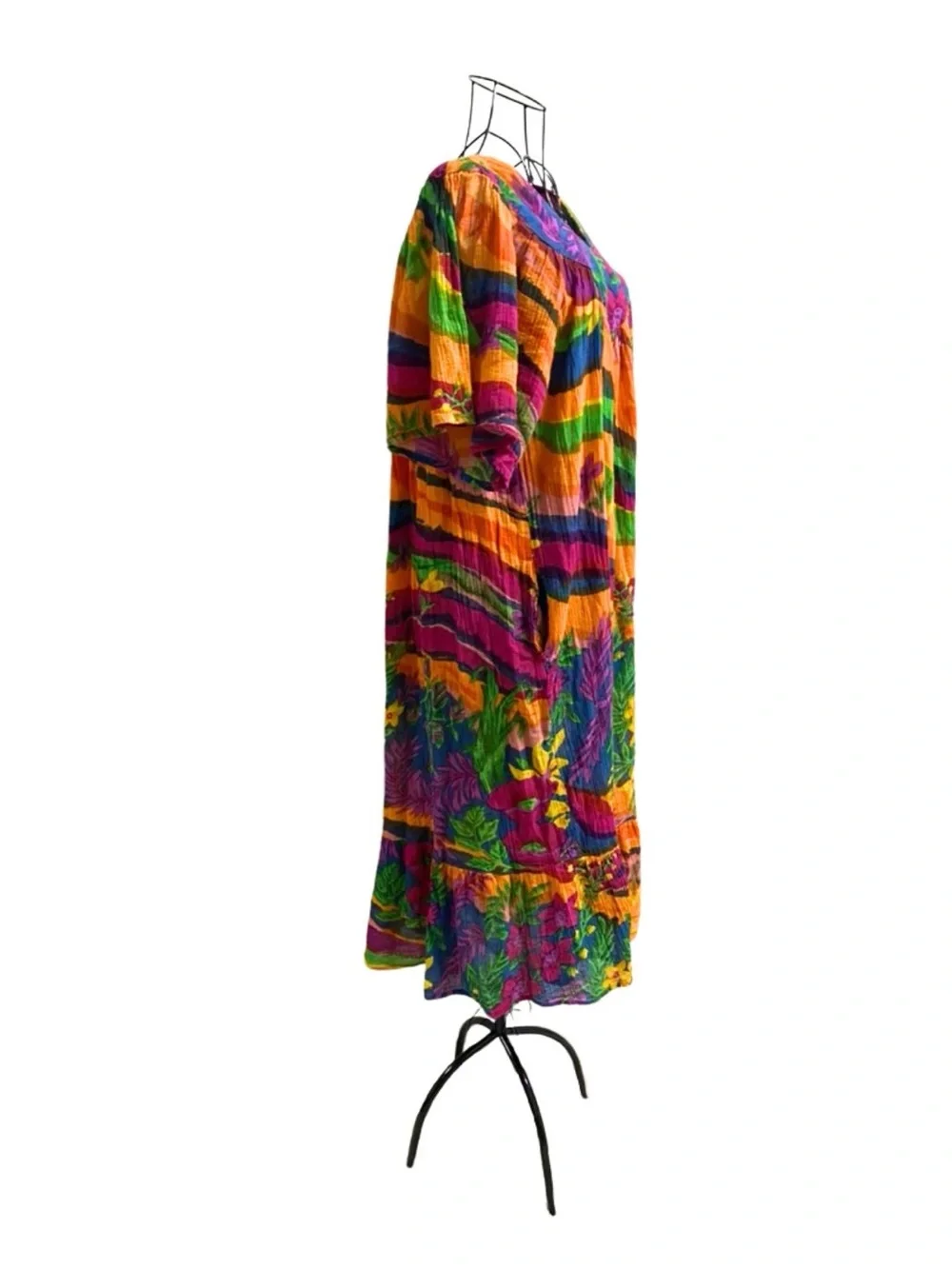 Maxi Kaftan Dress Women Large Cotton Summer Short Sleeve Orange Floral Vibrant - Picture 4 of 7